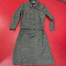vintage Norman Linton Green patterned dress size 16 zip fasten with belt