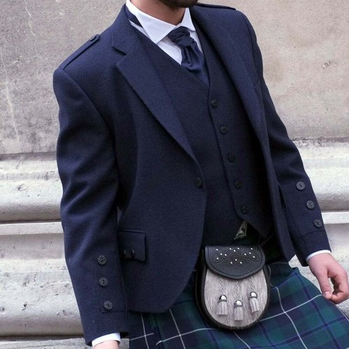 Men navy blue wool kilt - blue,