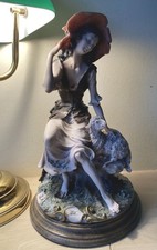 Vintage Large Heavy Capodimonte of Lady with Lamb by A. Giarette? on Wood Base.