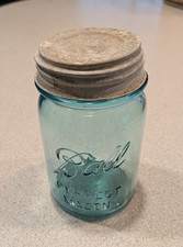 Vintage BALL PERFECT MASON Aqua Pint Canning Jar Zinc Lid #6 EUC