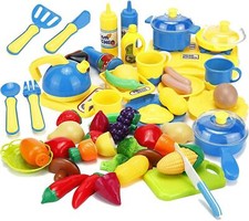 43 pieces Cookware Pretend Toy Food Playset, Cooking and Eating Utensils Kids