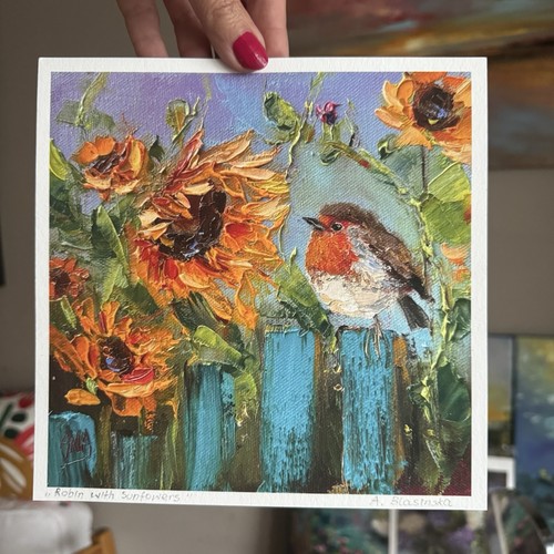 Robin with sunflowers - sunflowers, art