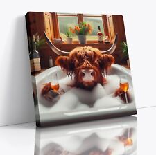 Highland Cow Drinking In Bath Square Canvas Print Picture Modern Wall Art Poster