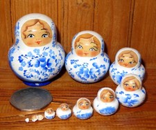 White & Blue MINIATURE Matryoshka 10 tiny Russian nesting dolls signed Marchenko