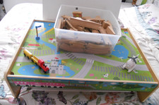 TRAIN OR CAR play wood reversable TABLE +  BOX OF WOOD TRACK, BRIDGE/BRIO?/IKEA?
