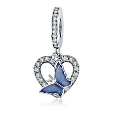 S925 Sterling Silver Blue Butterfly Heart Dangle Charm For Bracelet