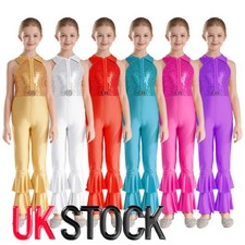 UK Kids Girls Shiny Metallic Sequins Bodysuit Jumpsuit Jazz Dance Disco Costume