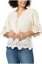 Democracy Embroidered Crochet Trim Peplum Top Ivory