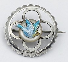 ANTIQUE SOLID SILVER & ENAMEL BIRD BAR BROOCH EARLY 20TH CENTURY