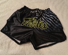 Fairtex Muay Thai Shorts In Black With Grey Stripes And Green Writing Size L