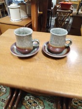 2 x Vintage Purbeck Pottery Portland Coffee Mugs And Saucers 1970s Vgc