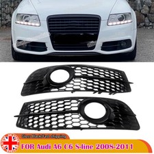 Front Bumper Honeycomb Grille For Audi A6 C6 S-line Black Fog Light Cove Bezel