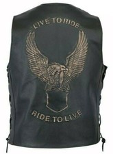 Bikers Leather Waistcoat 'Live to Ride' Eagle Embossed Genuine Vest Motorbike Cu