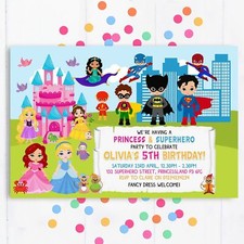 Personalised Princess Superhero Party Invitations, Birthday Invites, pack of 10