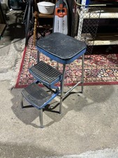 Vintage Retro Prestige Metal Kitchen Step Stool With Blue Vinyl Seat Ok Cond