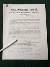 WW1 1916, 9th Btn Royal Inniskilling Fusiliers, 36th Ulster Div U.V.F. Letter