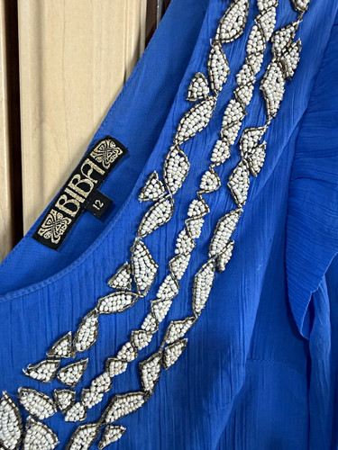 Biba blue beaded neck long - blue, v-neck