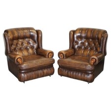 VINTAGE PAIR OF BRITISH MADE BROWN AGED LEATHER MONK CHESTERFIELD ARMCHAIRS