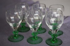 Beautiful SET 6 x Cherry Liquer Glasses Clear & Green Stem Delicate Glass