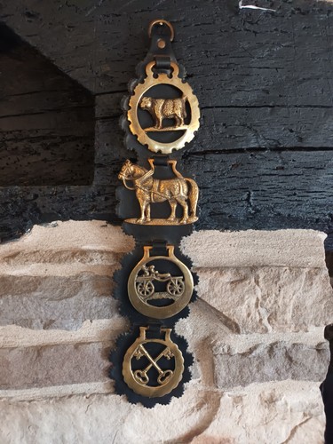Vintage horse brasses - horse, leather