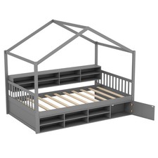 Chic Single Size House Bed Wooden Platform Bed Frame w/Roof Grey