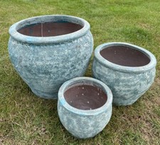Clay Planters Plant Flower Garden Decking Pots Tub Container Bell Blue Set of 3