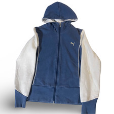 Vintage Puma white and blue color block women's small hoodie | SKU 3560 | SMALL