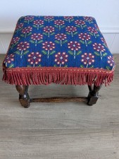 Vintage Embroidered Top Floral Fringing Footstool With Wood Legs-  Home Decor