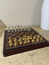 Vintage Leather Chess Board (11" X 11") w/ Metal Pieces