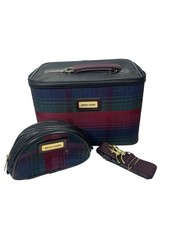 Pierre Cardin Tartan Plaid Travel Vanity Case & Cosmetic Bag Set with Strap