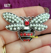 Silver Bumble Bee Pearl Red Crystal Brooch Vintage Art Deco Look Pin Insect Gift