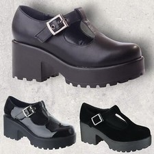 NEW LADIES WOMENS CHUNKY MID BLOCK HEEL PLATFORM T BAR CUT OUT BUCKLE SHOES SIZE