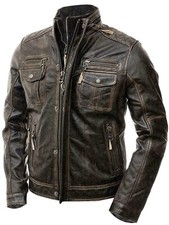 Men’s Motorcycle Distressed Brown Cafe Racer Vintage Biker Real Leather Jacket