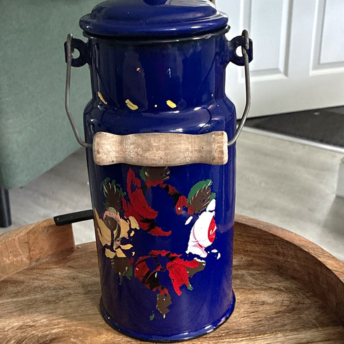 Blue enamel milk churn - milk,