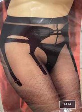 1x Pair Sheer Tan Black Mock Suspenders Stockings Tights G-String Med FREE POST