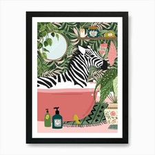Zebra In Bathtub Botanical Bathroom Framed Wall Art Poster Canvas Print Picture