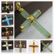 Natural Agate/Tiger's Eye/Topaz/Jade Gemstone Cross Pendant Necklace AAA Grade