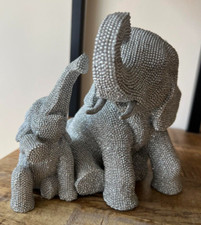 Glitzy Silver Art Elephant and Baby Calf Ornament, Sparkly Diamante BOX DAMAGE