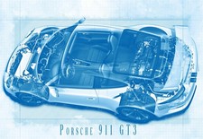 Classic  Porsche 911 GT3 Cutaway Blueprint  Art Poster Print
