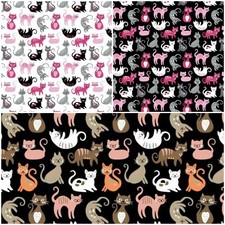 100% Cotton Fabric NEW Pink Happy Cats Black White Width 160 cm (62") Fabric