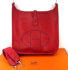 Hermes Evelyne PM Red Leather Canvas Shoulder Bag Crossbody Stamp H with Box