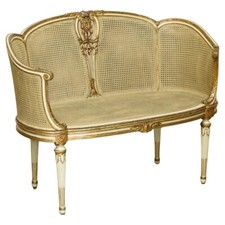 LOUIS XVI FRENCH CARVED GILTWOOD DOUBLE CANED BERGERE SETTEE SOFA WINDOW SEAT
