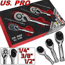 US.PRO TOOLS 3pc Stubby Ratchet Handle Set 1/4" 3/8" 1/2" Short Socket Wrenches