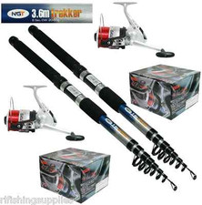 10FT TELESCOPIC FISHING RODS x 2 TREKKER + 2 X SILK 70 SEA FISHING REELS