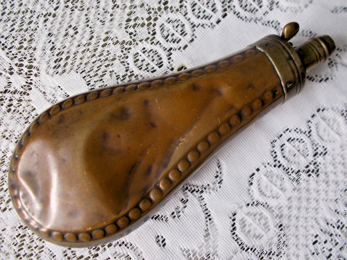 Antique brass gun powder flask - antique,