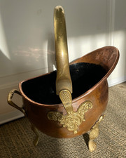Vintage Hand Beaten Copper & Brass Helmet Style Coal Scuttle Shuttle with 3 Feet