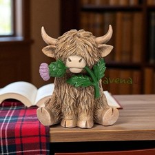 Highland Cow With Thistle Ornament Resin In Gift Box Brand New 12cm