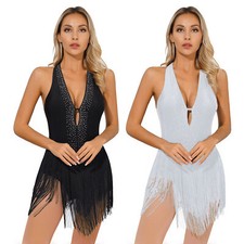 Women's Tassel Latin Dance Leotard Dress V-Neck Rhinestone Rumba Cha-cha Costume