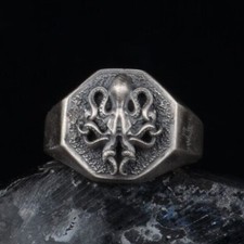 925 Sterling Silver Octopus Ring For Men. Oxidized Silver Octagonal Signet Ring