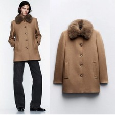 ZARA NEW WOMAN WOOL BLEND COAT WITH FAUX FUR COLLAR CAMEL Size S 2117/102